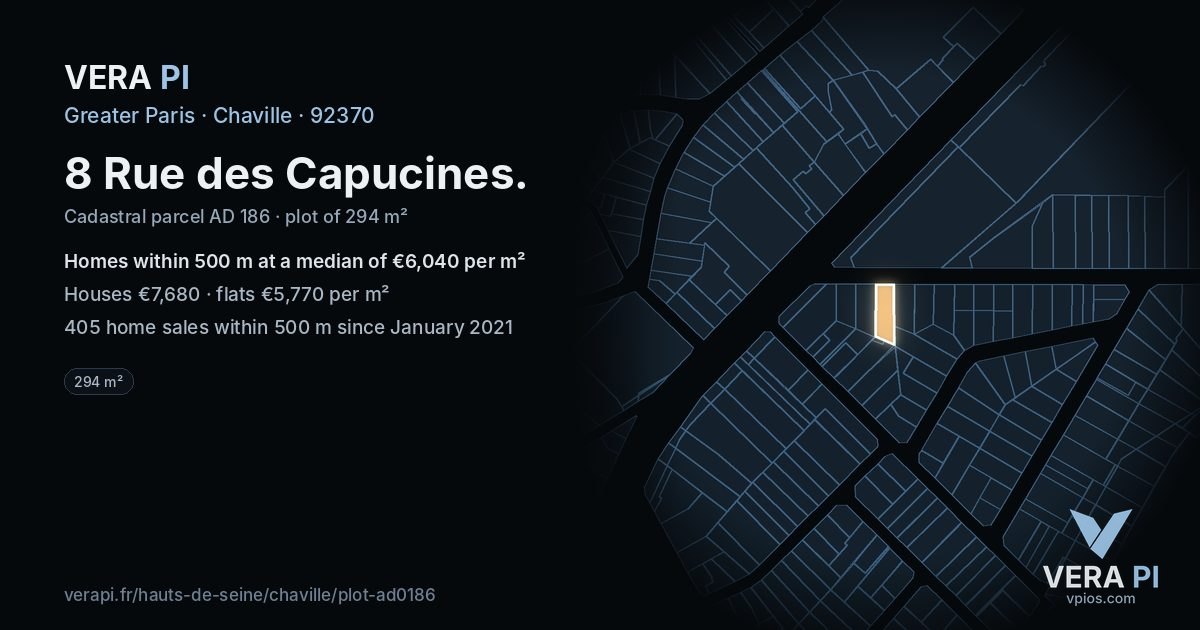 8 Rue des Capucines, Chaville at night – the plot lit, the parcels around coloured by the prices near them
