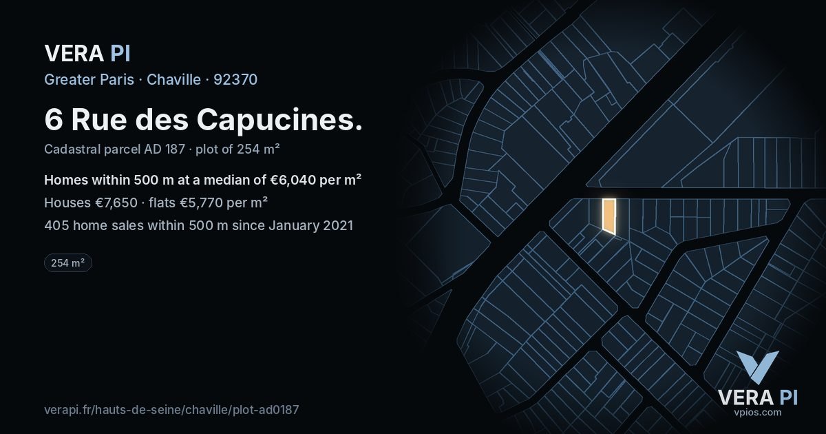 6 Rue des Capucines, Chaville at night – the plot lit, the parcels around coloured by the prices near them