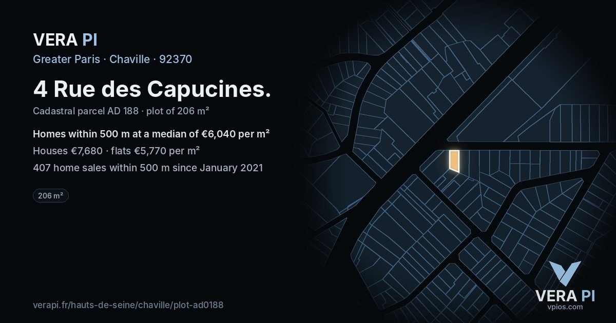 4 Rue des Capucines, Chaville at night – the plot lit, the parcels around coloured by the prices near them