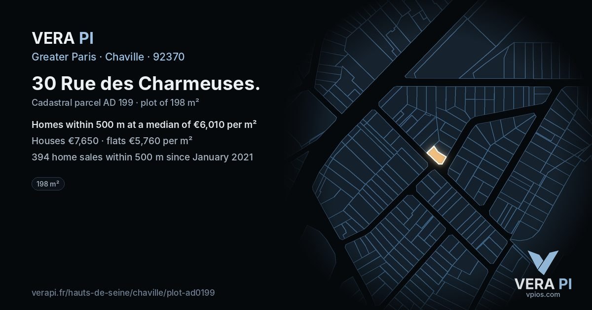 30 Rue des Charmeuses, Chaville at night – the plot lit, the parcels around coloured by the prices near them