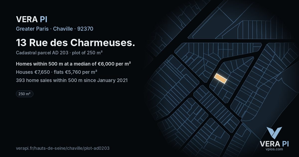 13 Rue des Charmeuses, Chaville at night – the plot lit, the parcels around coloured by the prices near them