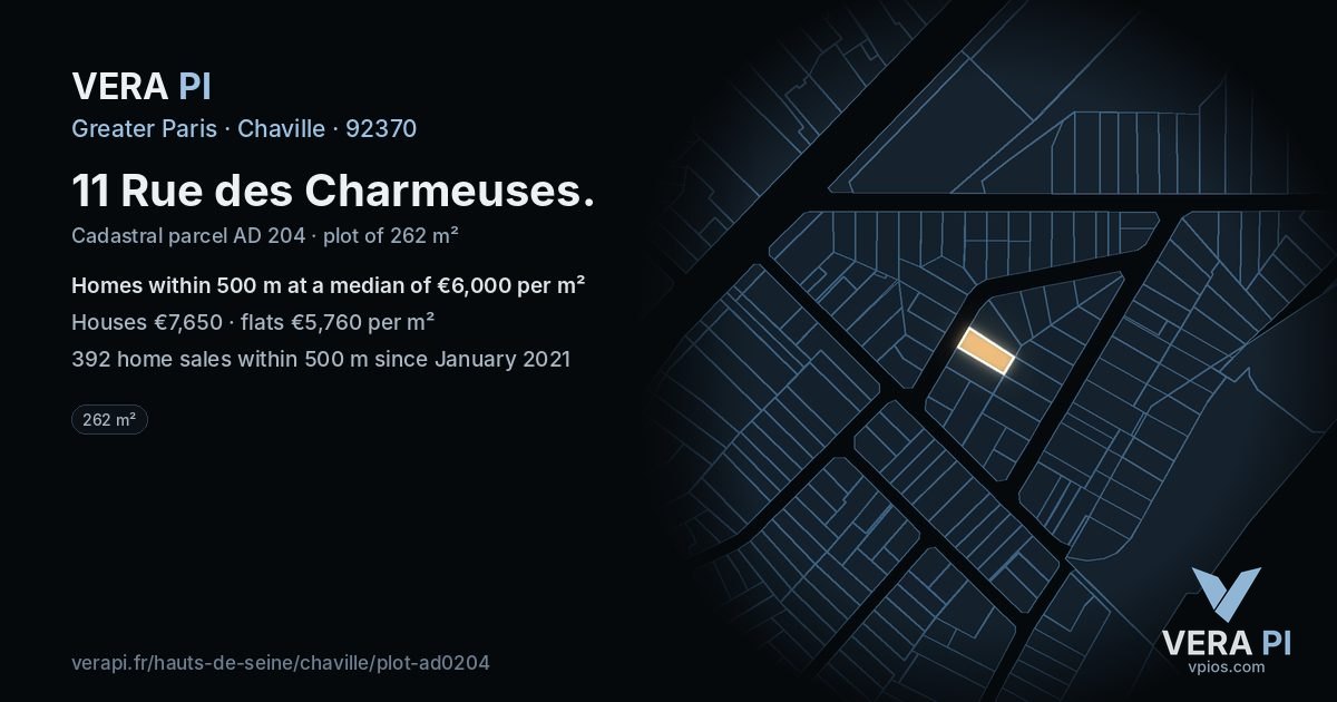 11 Rue des Charmeuses, Chaville at night – the plot lit, the parcels around coloured by the prices near them
