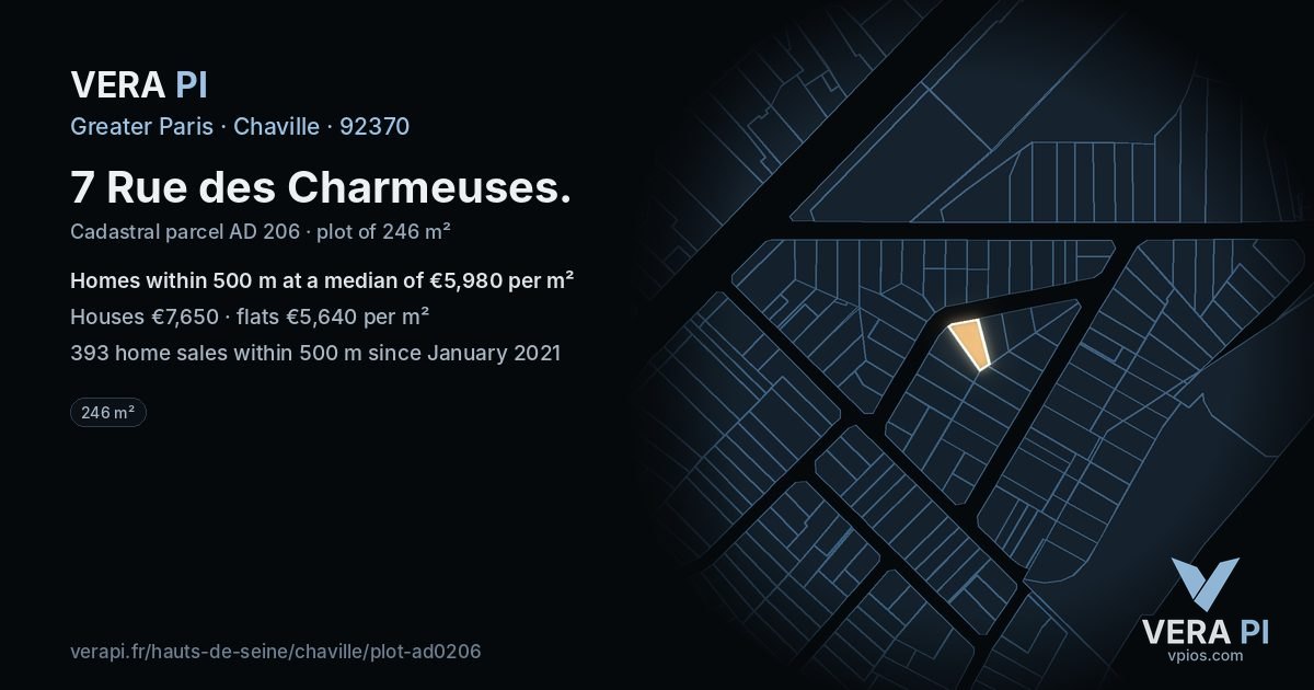 7 Rue des Charmeuses, Chaville at night – the plot lit, the parcels around coloured by the prices near them