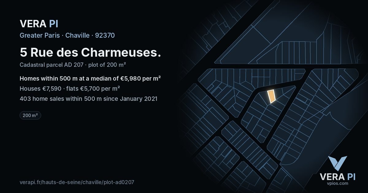 5 Rue des Charmeuses, Chaville at night – the plot lit, the parcels around coloured by the prices near them