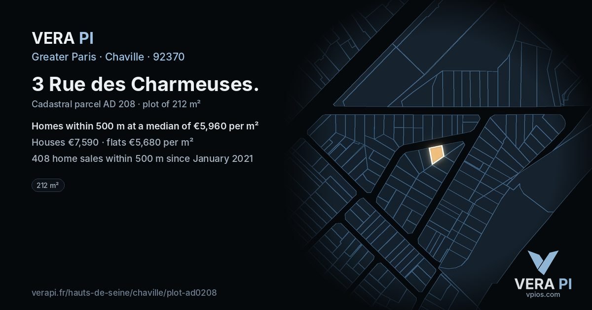 3 Rue des Charmeuses, Chaville at night – the plot lit, the parcels around coloured by the prices near them