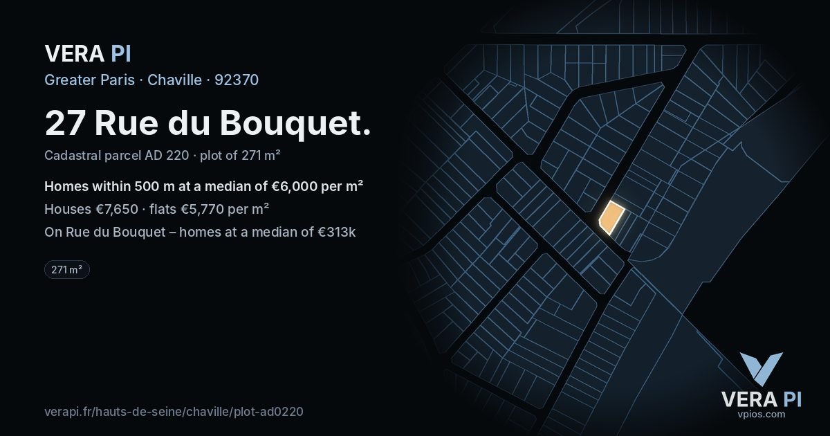 27 Rue du Bouquet, Chaville at night – the plot lit, the parcels around coloured by the prices near them