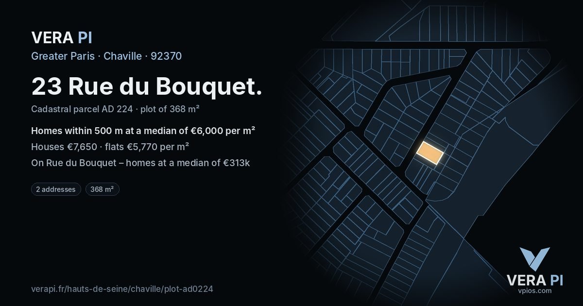 23 Rue du Bouquet, Chaville at night – the plot lit, the parcels around coloured by the prices near them