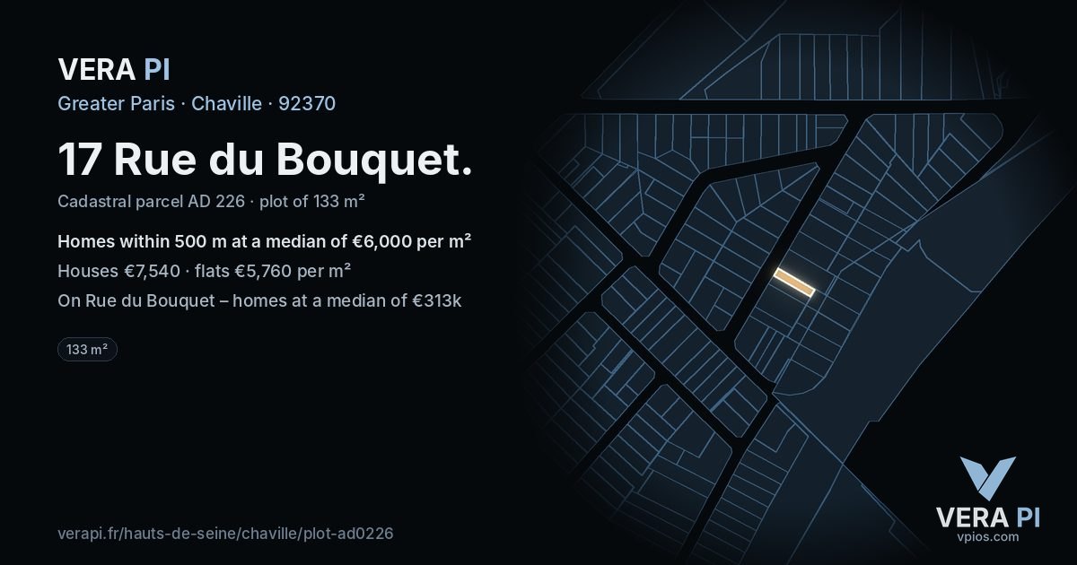 17 Rue du Bouquet, Chaville at night – the plot lit, the parcels around coloured by the prices near them