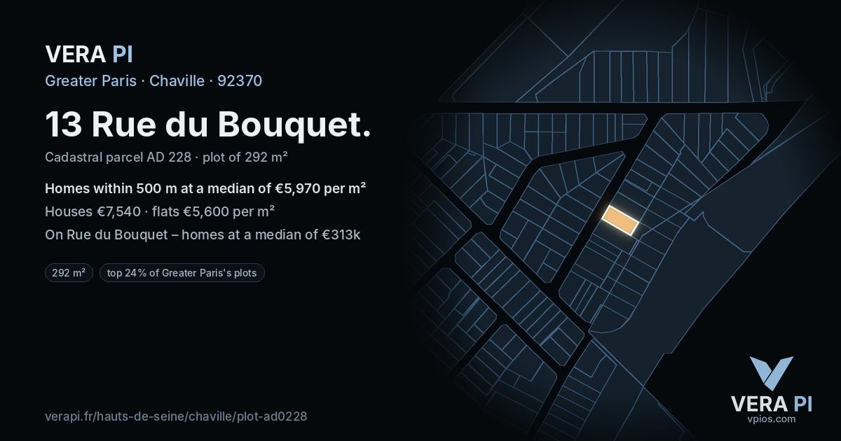 13 Rue du Bouquet, Chaville at night – the plot lit, the parcels around coloured by the prices near them