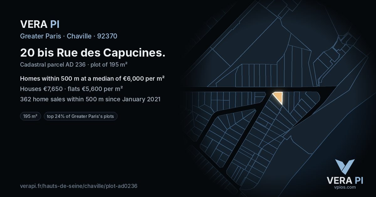 20 bis Rue des Capucines, Chaville at night – the plot lit, the parcels around coloured by the prices near them