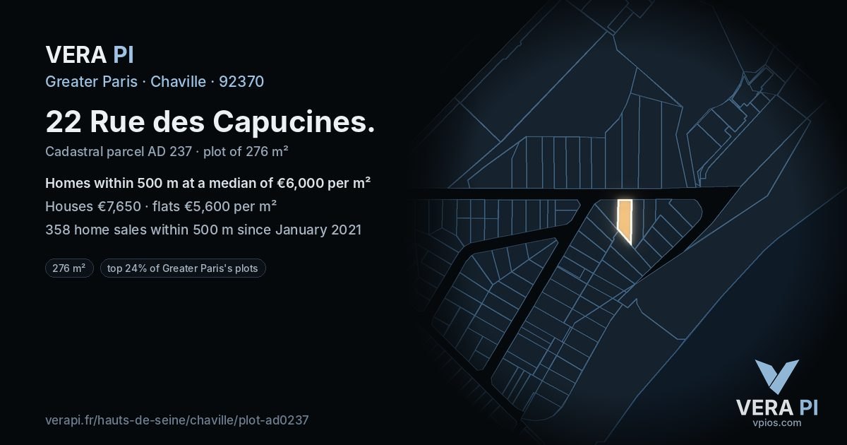 22 Rue des Capucines, Chaville at night – the plot lit, the parcels around coloured by the prices near them
