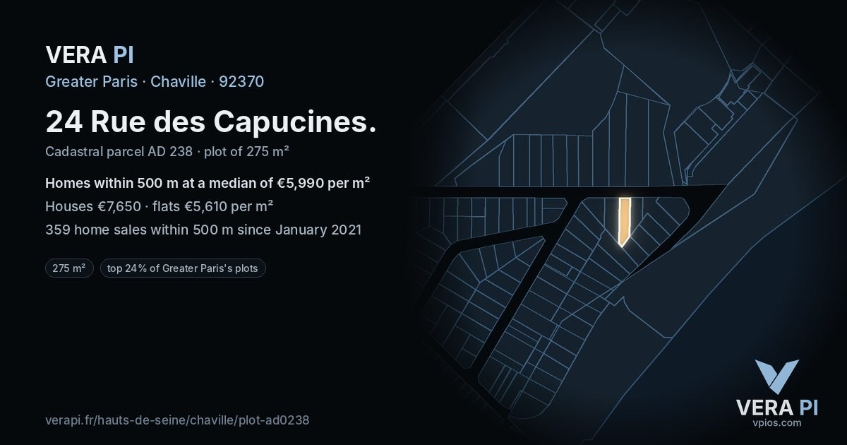 24 Rue des Capucines, Chaville at night – the plot lit, the parcels around coloured by the prices near them