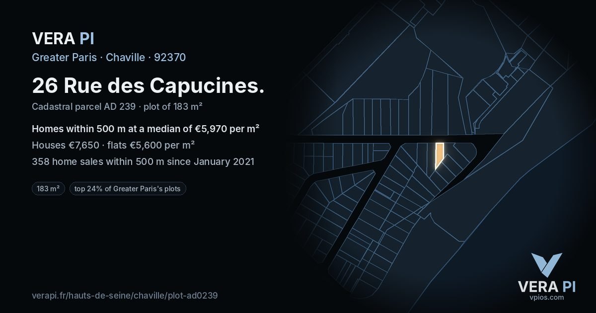 26 Rue des Capucines, Chaville at night – the plot lit, the parcels around coloured by the prices near them