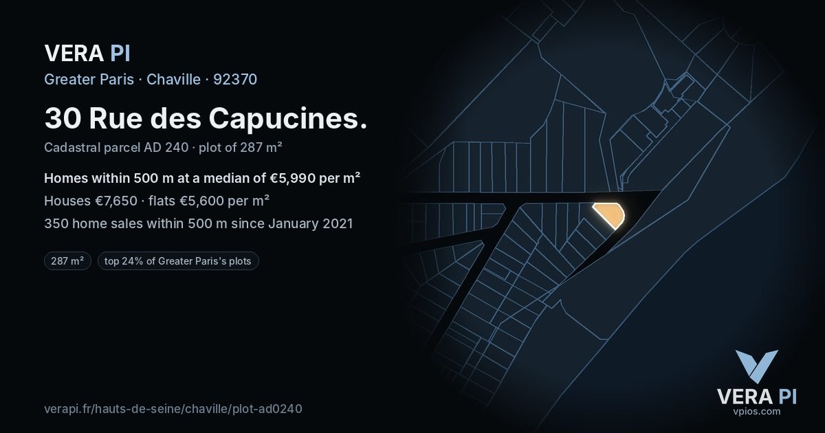 30 Rue des Capucines, Chaville at night – the plot lit, the parcels around coloured by the prices near them