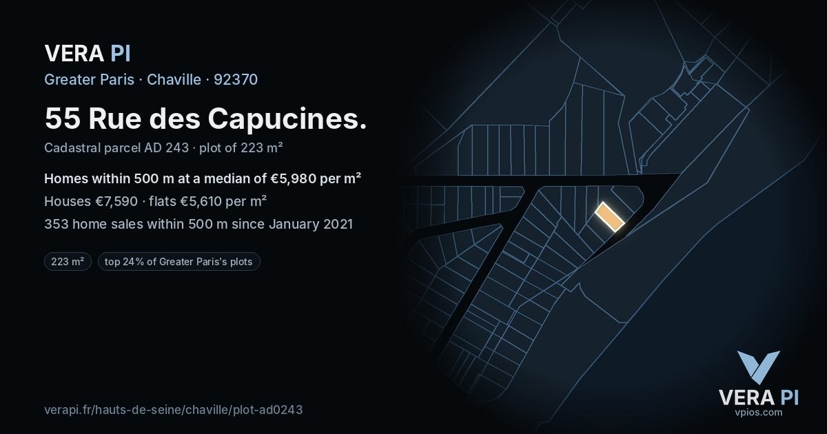 55 Rue des Capucines, Chaville at night – the plot lit, the parcels around coloured by the prices near them