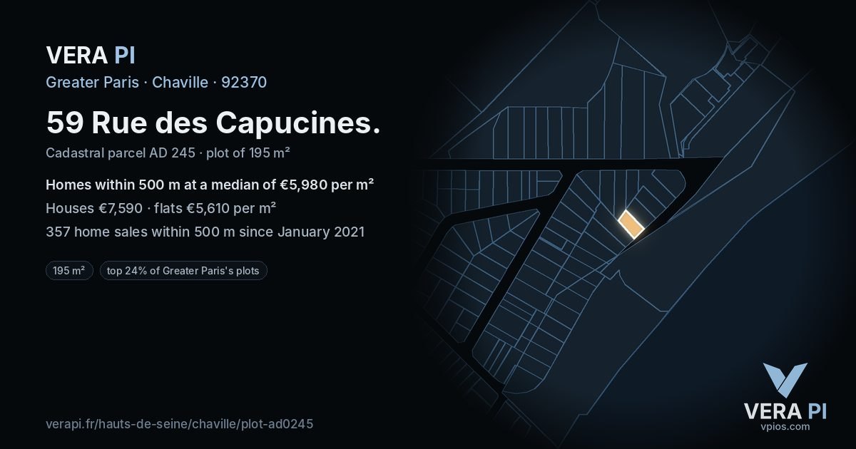 59 Rue des Capucines, Chaville at night – the plot lit, the parcels around coloured by the prices near them