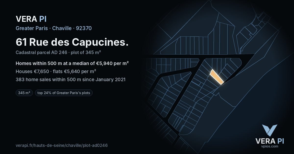 61 Rue des Capucines, Chaville at night – the plot lit, the parcels around coloured by the prices near them