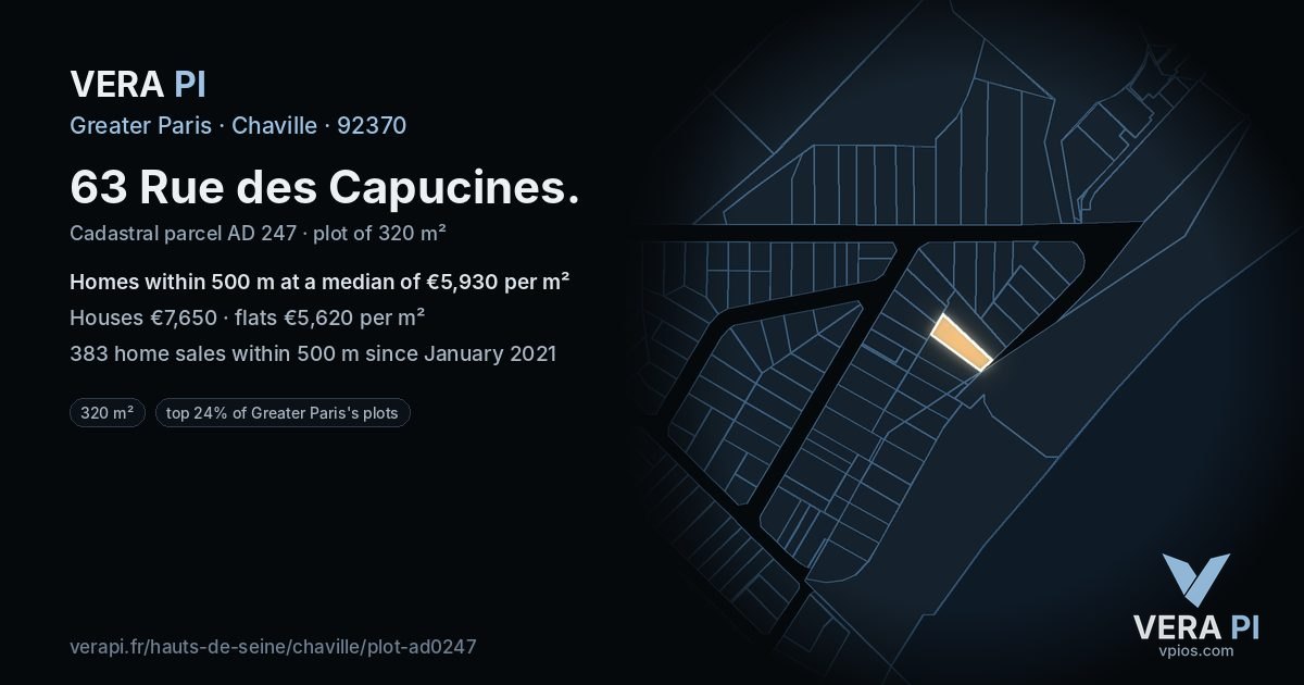 63 Rue des Capucines, Chaville at night – the plot lit, the parcels around coloured by the prices near them