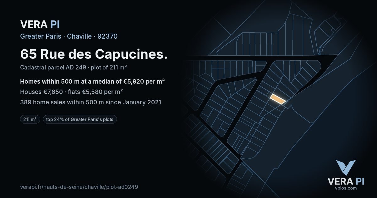 65 Rue des Capucines, Chaville at night – the plot lit, the parcels around coloured by the prices near them