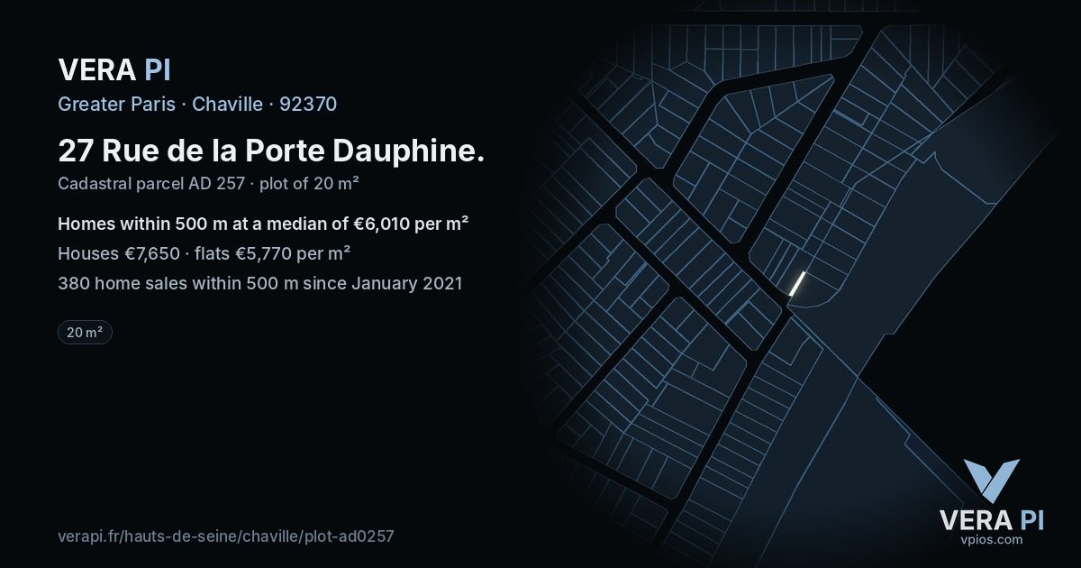 27 Rue de la Porte Dauphine, Chaville at night – the plot lit, the parcels around coloured by the prices near them