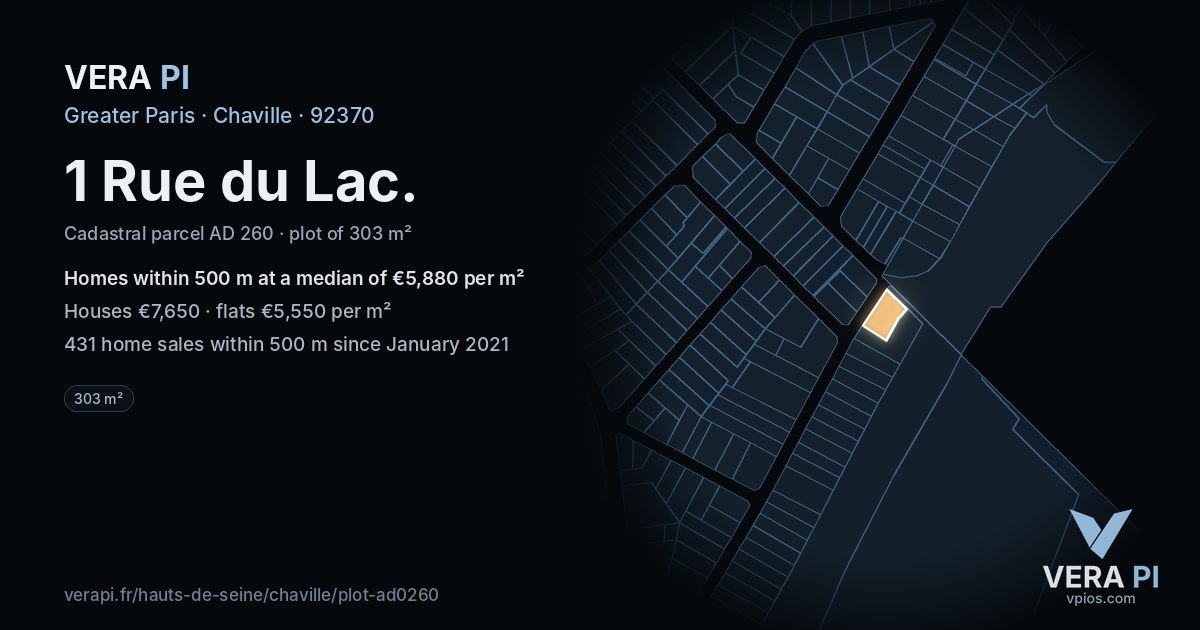 1 Rue du Lac, Chaville at night – the plot lit, the parcels around coloured by the prices near them