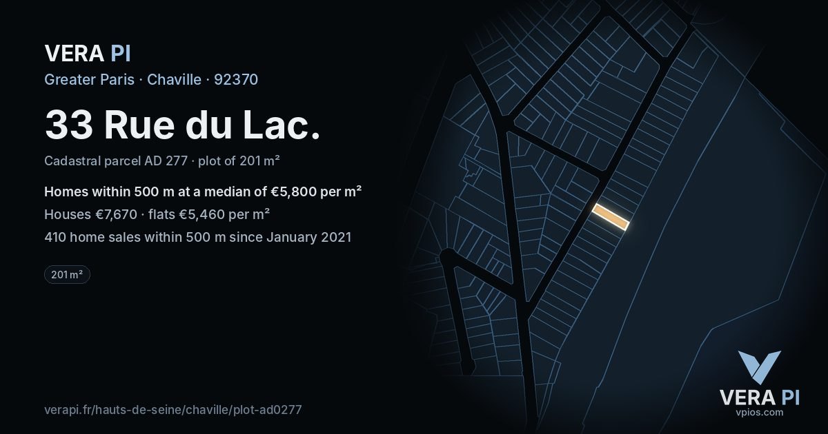 33 Rue du Lac, Chaville at night – the plot lit, the parcels around coloured by the prices near them