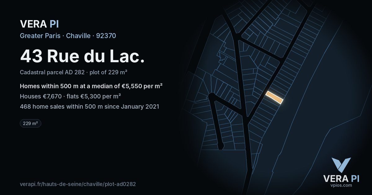 43 Rue du Lac, Chaville at night – the plot lit, the parcels around coloured by the prices near them