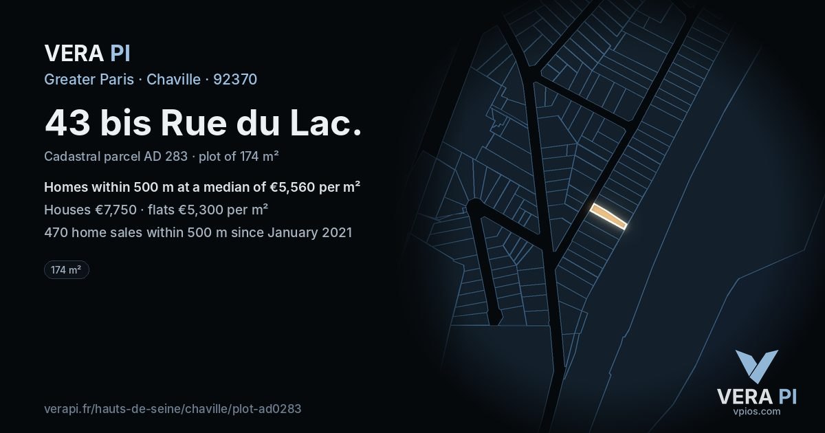 43 bis Rue du Lac, Chaville at night – the plot lit, the parcels around coloured by the prices near them