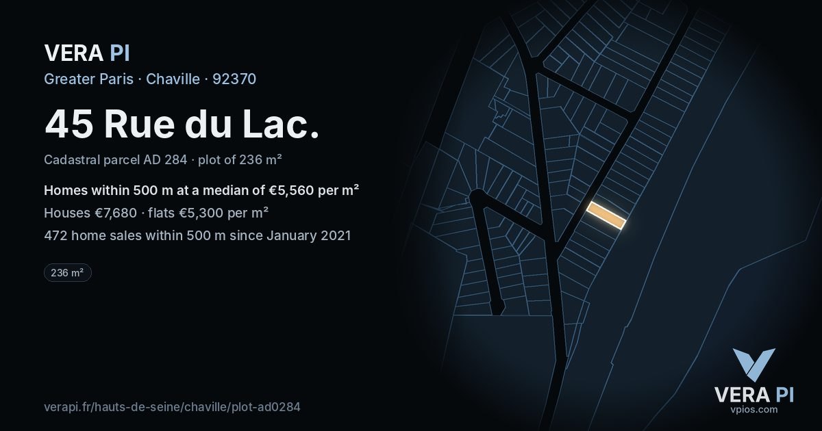 45 Rue du Lac, Chaville at night – the plot lit, the parcels around coloured by the prices near them
