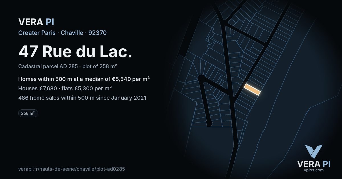 47 Rue du Lac, Chaville at night – the plot lit, the parcels around coloured by the prices near them
