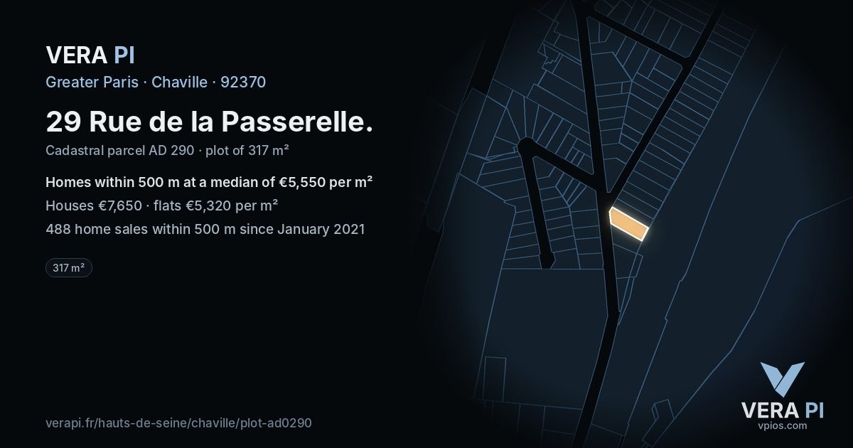 29 Rue de la Passerelle, Chaville at night – the plot lit, the parcels around coloured by the prices near them