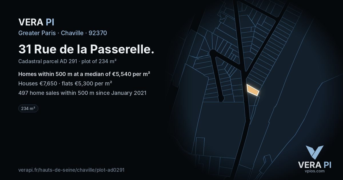 31 Rue de la Passerelle, Chaville at night – the plot lit, the parcels around coloured by the prices near them