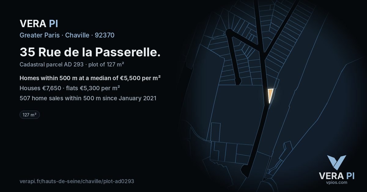 35 Rue de la Passerelle, Chaville at night – the plot lit, the parcels around coloured by the prices near them