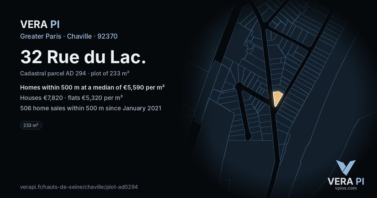 32 Rue du Lac, Chaville at night – the plot lit, the parcels around coloured by the prices near them