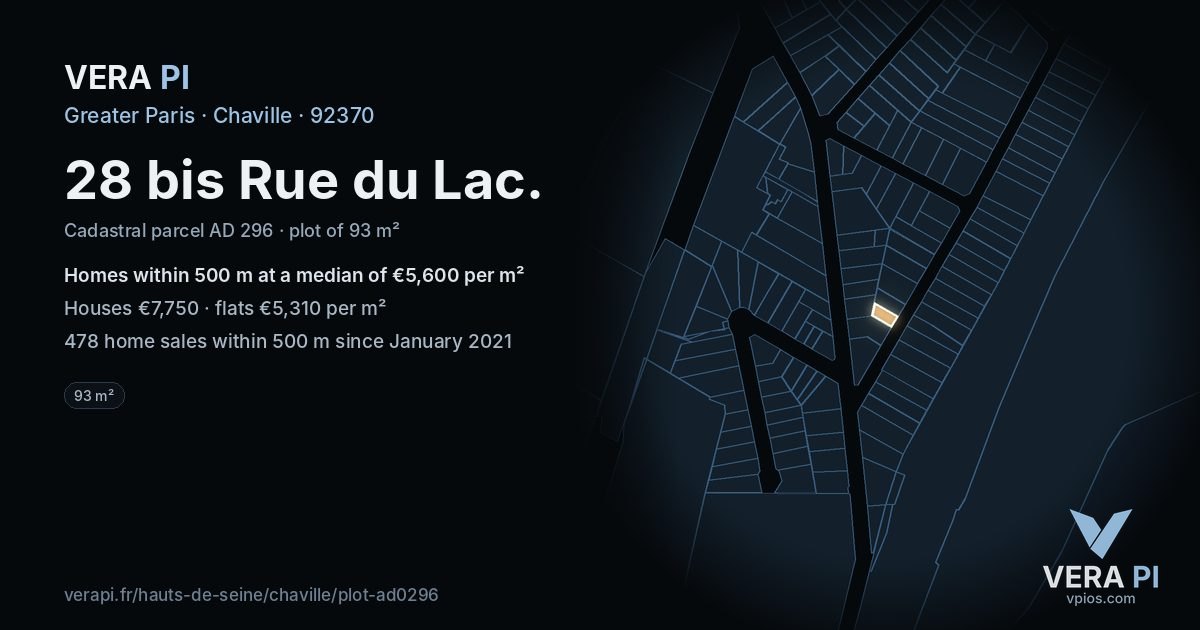 28 bis Rue du Lac, Chaville at night – the plot lit, the parcels around coloured by the prices near them