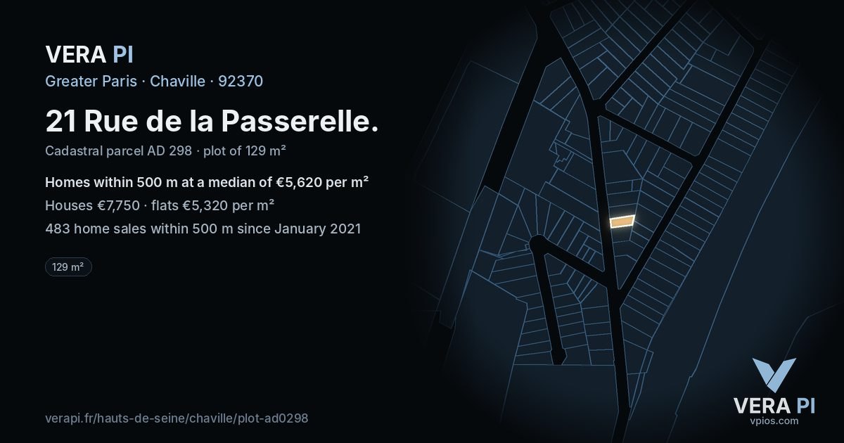 21 Rue de la Passerelle, Chaville at night – the plot lit, the parcels around coloured by the prices near them