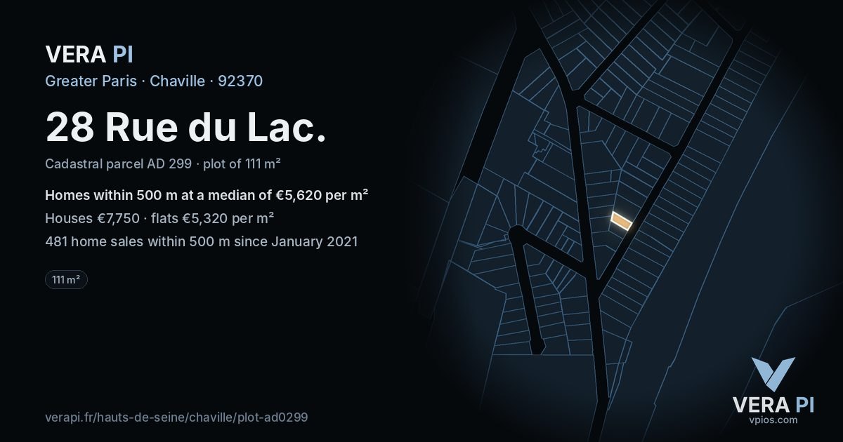 28 Rue du Lac, Chaville at night – the plot lit, the parcels around coloured by the prices near them