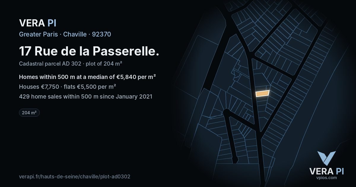 17 Rue de la Passerelle, Chaville at night – the plot lit, the parcels around coloured by the prices near them