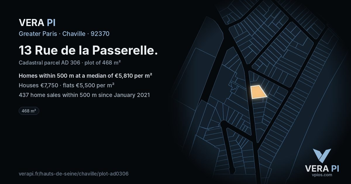 13 Rue de la Passerelle, Chaville at night – the plot lit, the parcels around coloured by the prices near them
