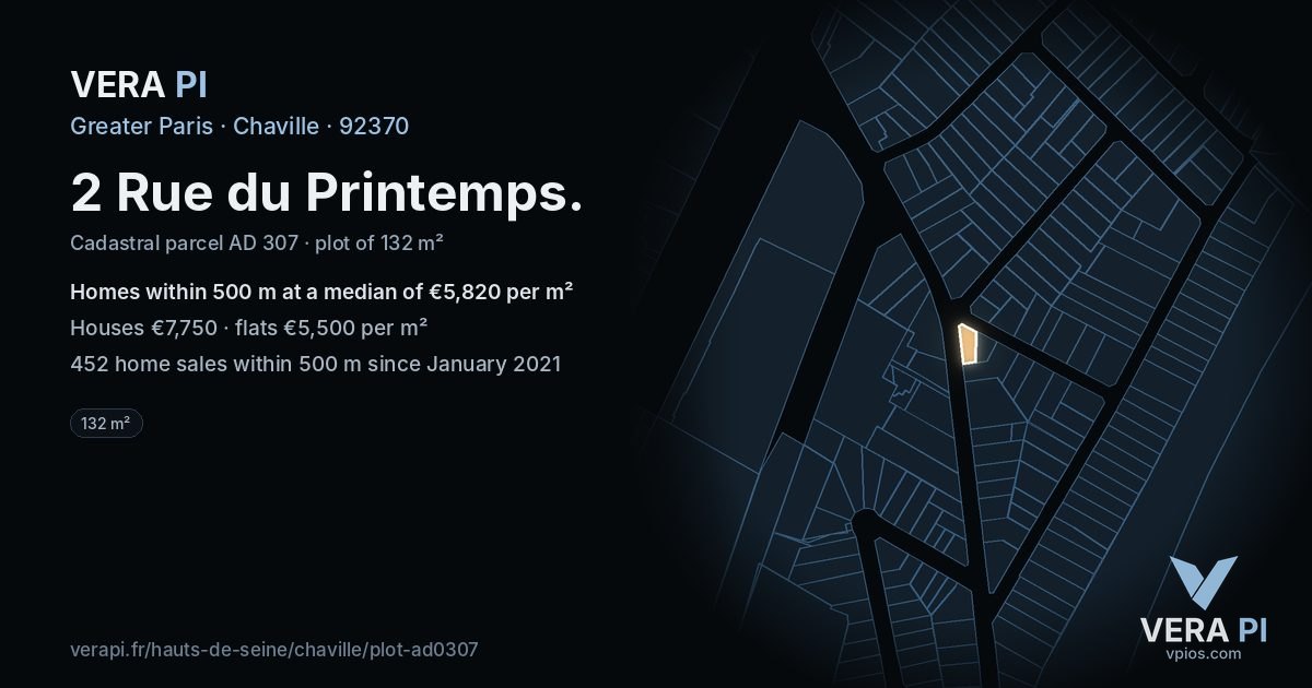 2 Rue du Printemps, Chaville at night – the plot lit, the parcels around coloured by the prices near them