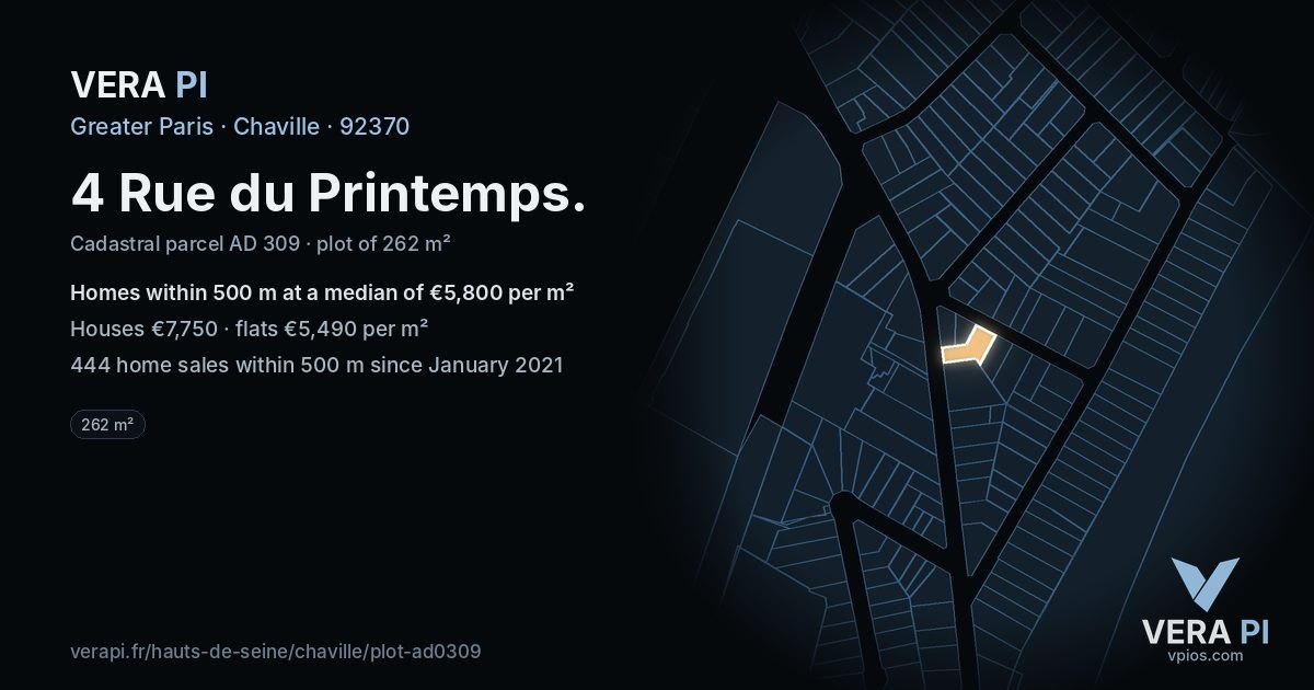 4 Rue du Printemps, Chaville at night – the plot lit, the parcels around coloured by the prices near them