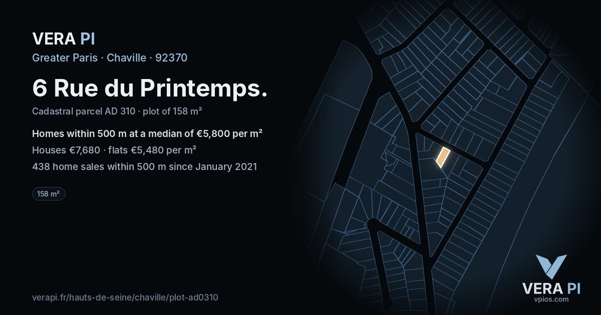 6 Rue du Printemps, Chaville at night – the plot lit, the parcels around coloured by the prices near them