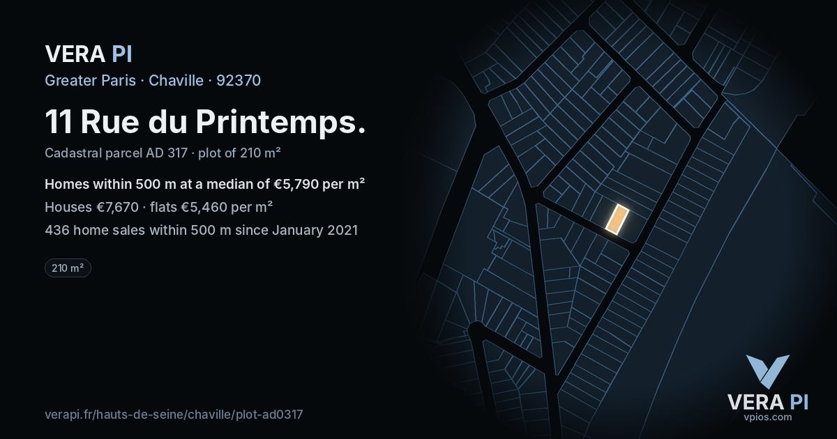 11 Rue du Printemps, Chaville at night – the plot lit, the parcels around coloured by the prices near them