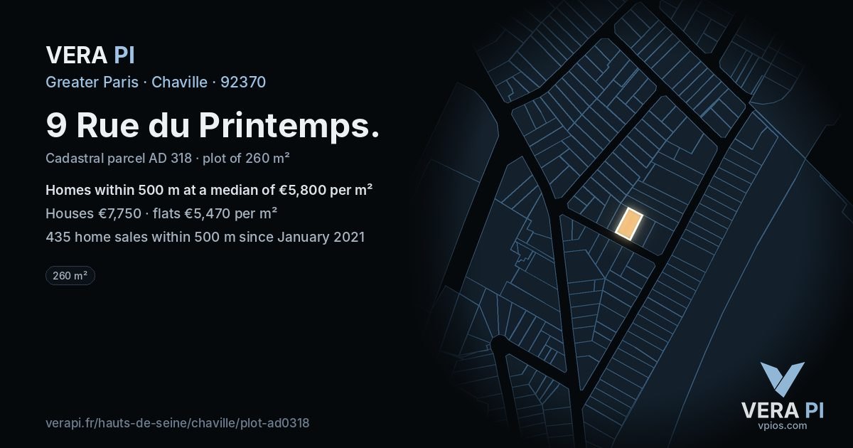 9 Rue du Printemps, Chaville at night – the plot lit, the parcels around coloured by the prices near them