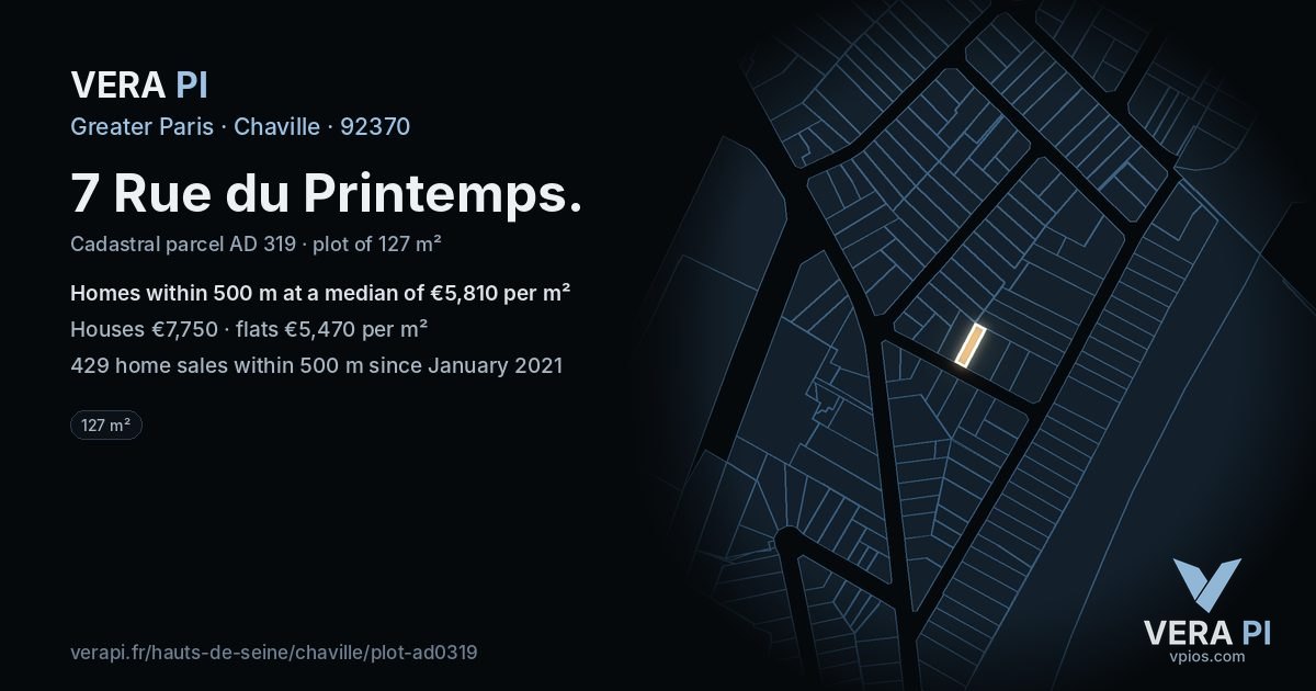 7 Rue du Printemps, Chaville at night – the plot lit, the parcels around coloured by the prices near them