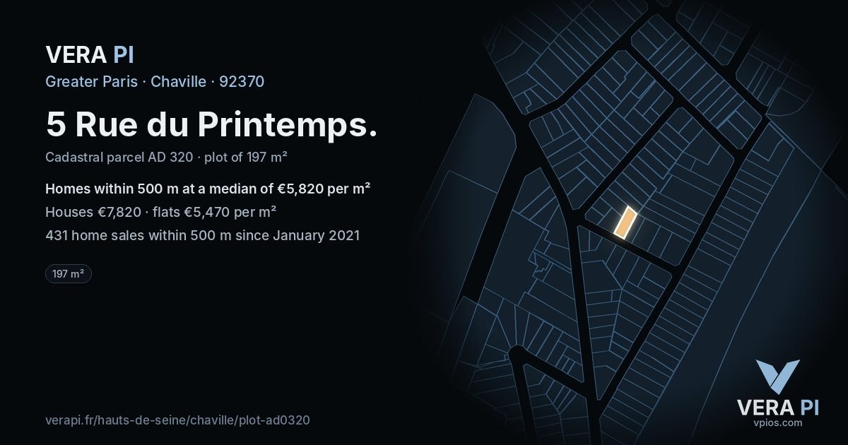 5 Rue du Printemps, Chaville at night – the plot lit, the parcels around coloured by the prices near them