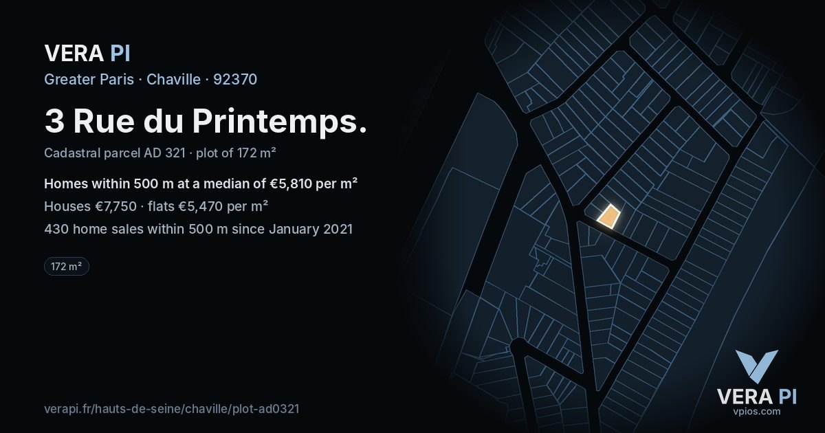 3 Rue du Printemps, Chaville at night – the plot lit, the parcels around coloured by the prices near them