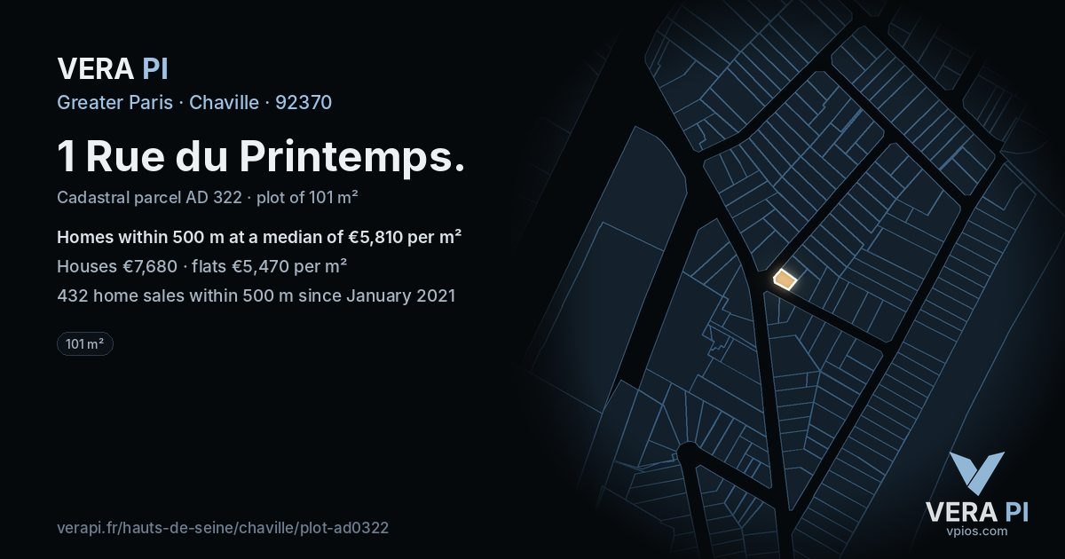 1 Rue du Printemps, Chaville at night – the plot lit, the parcels around coloured by the prices near them