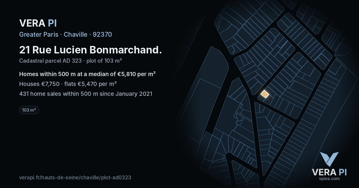 21 Rue Lucien Bonmarchand, Chaville at night – the plot lit, the parcels around coloured by the prices near them