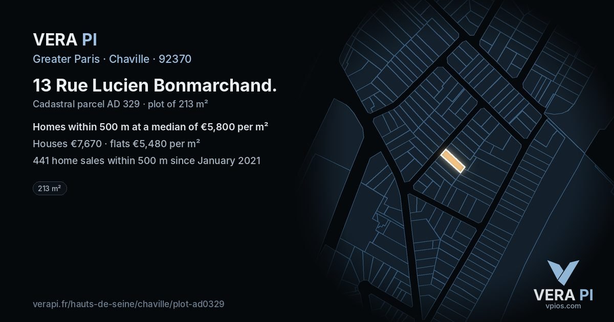 13 Rue Lucien Bonmarchand, Chaville at night – the plot lit, the parcels around coloured by the prices near them